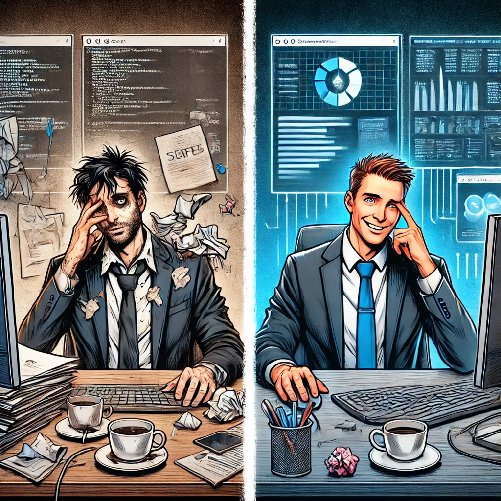DALL·E 2024-12-09 17.16.55 - A split-screen illustration showing two contrasting CIOs. On the left, depict a stressed and anxiou